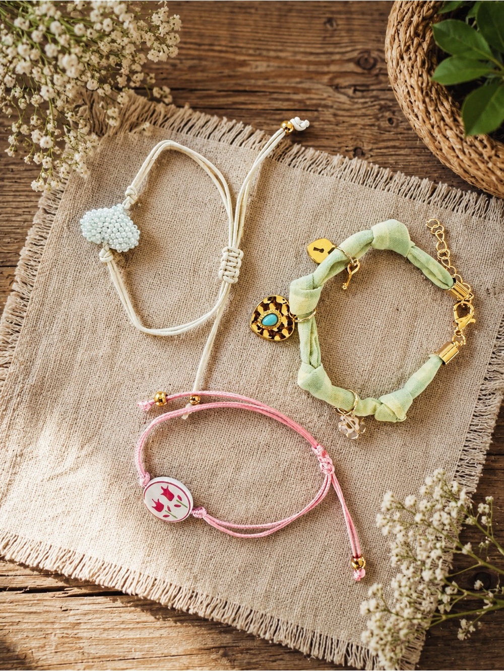 Pink Adjustable Cord Bracelet with Floral Charm